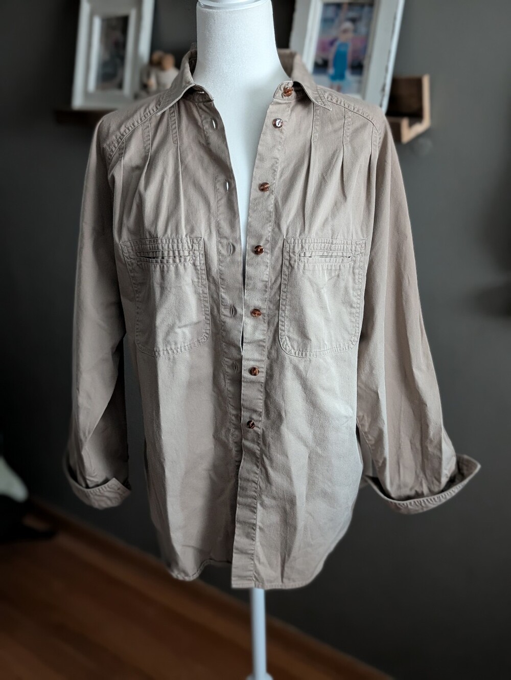 VINTAGE Granola Girl Utility Button Down Shirt Tan Brown Long Sleeve Medium